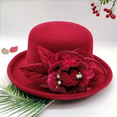 Jaunas pavasara ziemas sieviešu puķainas vilnas cepures Fedoras stilīgas rietumu bucket cepures siltas sieviešu cepures