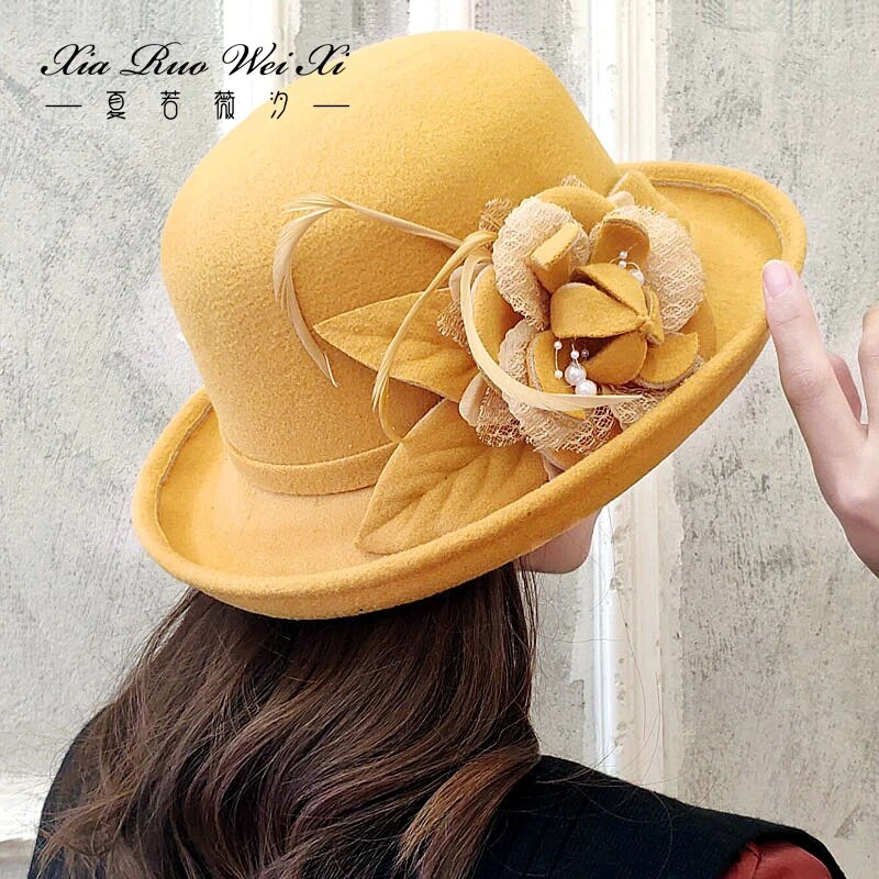 Jaunas pavasara ziemas sieviešu puķainas vilnas cepures Fedoras stilīgas rietumu bucket cepures siltas sieviešu cepures