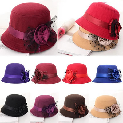 Rudens žiema Cloche Bucket Gėlėtas kepuraitė Elegantiškas moteriškas Moteriškas Vilnos imitacijos Rožės Gėlėtas Veltinis skrybėlė Kupolas Šilta Moterų Bowler