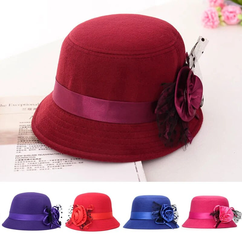 Sügistalvine Cloche Bucket Lilleline müts Elegantne naistele Imitatsioon Villane Roos Lillega Viltmüts Kuppel soe naiste Bowler