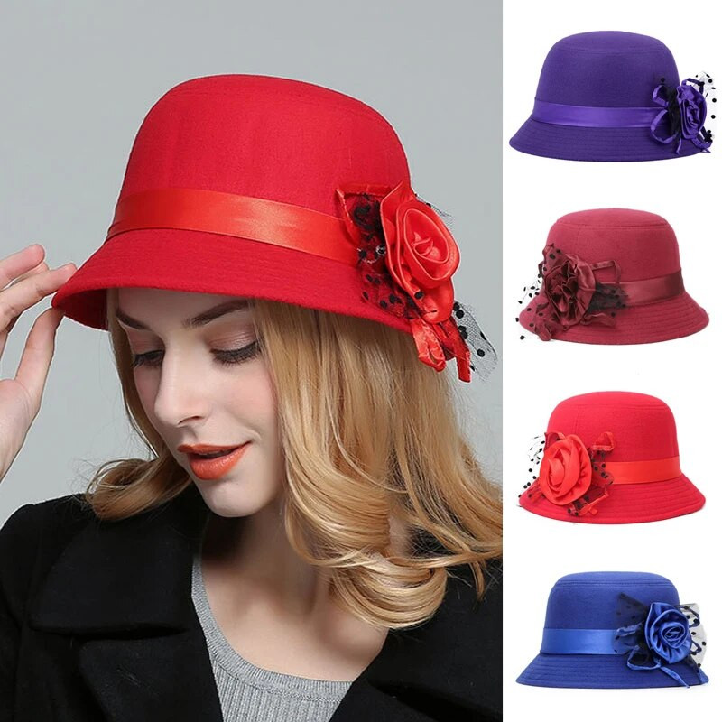 Sügistalvine Cloche Bucket Lilleline müts Elegantne naistele Imitatsioon Villane Roos Lillega Viltmüts Kuppel soe naiste Bowler