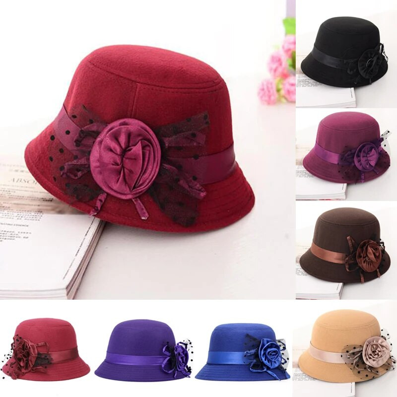 Sügistalvine Cloche Bucket Lilleline müts Elegantne naistele Imitatsioon Villane Roos Lillega Viltmüts Kuppel soe naiste Bowler