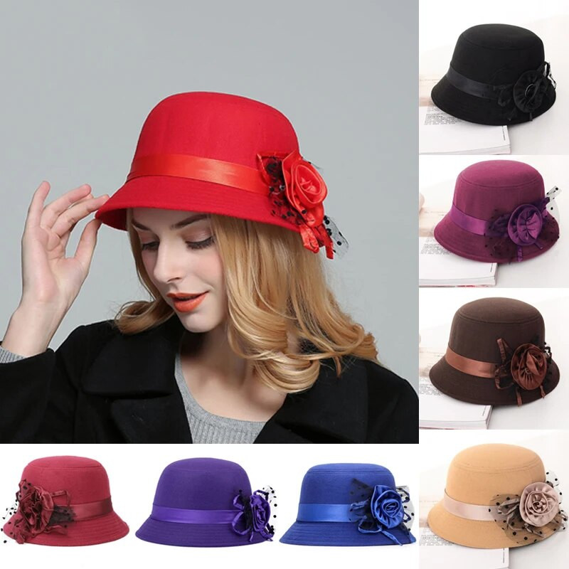Sügistalvine Cloche Bucket Lilleline müts Elegantne naistele Imitatsioon Villane Roos Lillega Viltmüts Kuppel soe naiste Bowler