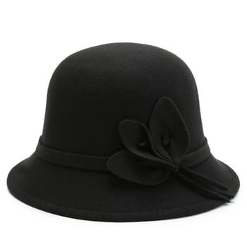 Φθινοπωρινά χειμερινά μάλλινα καπέλα Κομψό καπέλο Fedoras με λουλουδάτο καπέλο ηλίου Γυναικεία vintage καπέλο θόλο ταξιδιού Casual καπέλο λεκάνης Εκκλησία Fedoras