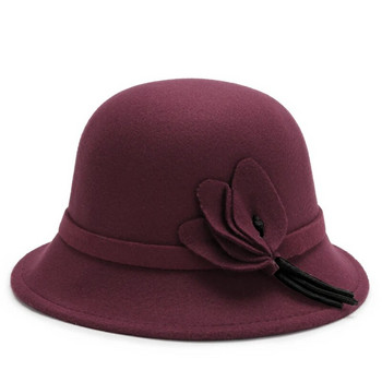 Φθινοπωρινά χειμερινά μάλλινα καπέλα Κομψό καπέλο Fedoras με λουλουδάτο καπέλο ηλίου Γυναικεία vintage καπέλο θόλο ταξιδιού Casual καπέλο λεκάνης Εκκλησία Fedoras
