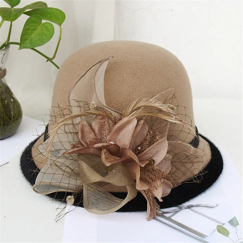 Topi Vilna Vintage silta ballīte Fedoras cepure ar ziediem Sieviešu modes sieta Dāma ziema rudens džeza cepures beretes matu aksesuāri