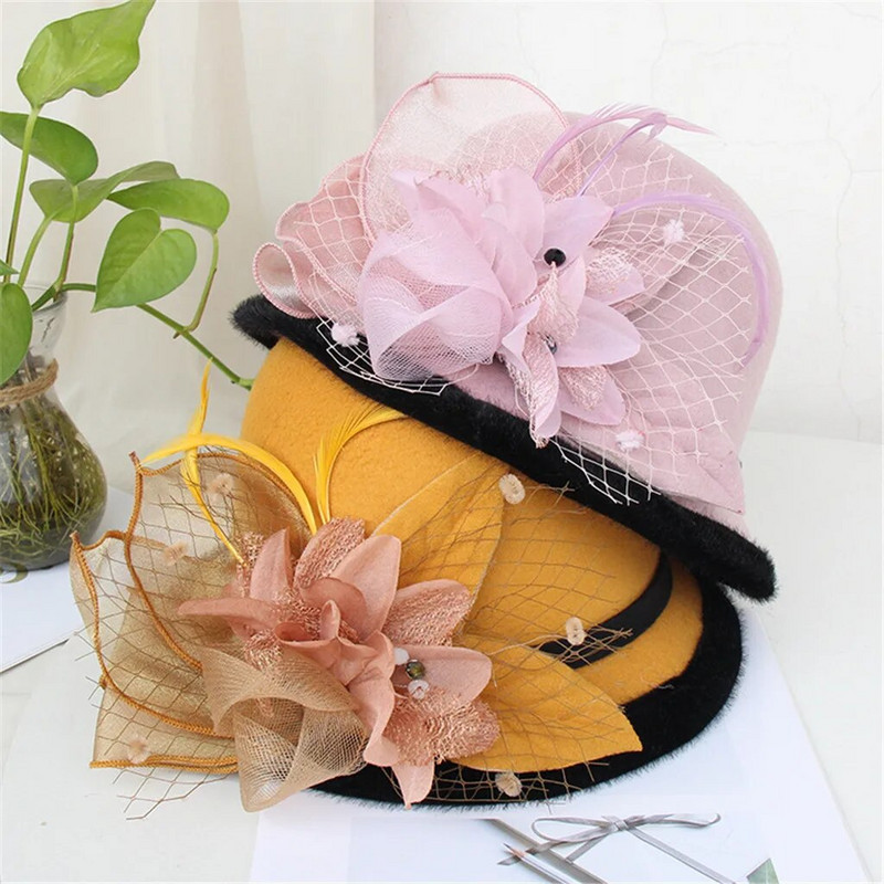 Topi Vilna Vintage silta ballīte Fedoras cepure ar ziediem Sieviešu modes sieta Dāma ziema rudens džeza cepures beretes matu aksesuāri
