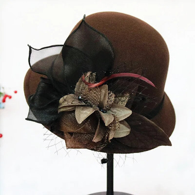 Rudens ziemas vilnas sieviešu eleganta baznīcas cepure bumba lente vienkrāsains sieviešu džeza cepure Jauna sieviešu loka bouleri kāzu ceremonijas cepure