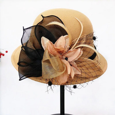 Rudens ziemas vilnas sieviešu eleganta baznīcas cepure bumba lente vienkrāsains sieviešu džeza cepure Jauna sieviešu loka bouleri kāzu ceremonijas cepure