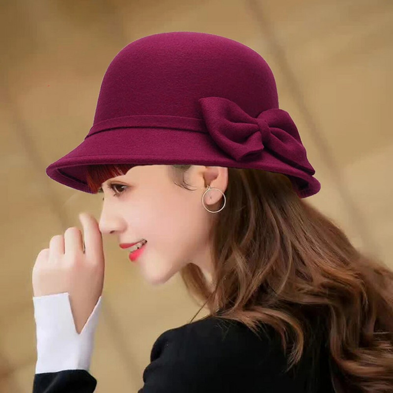 Vintage Vilnas Bowler Cepure Eleganta Sieviešu Bow Cepure ar īsu malu Rudens Ziemas Siltas Zvejnieka cepures Mīksta Filca Fedoras Floppy Cepure