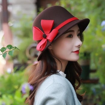 Χειμερινός κάδος Fedora Καπέλο Γυναικείο μαλλί τσόχα 2021 Flower Design γυναίκα fedoras ladies Κομψό καπέλο μπόουλερ Κίτρινο Μαύρο Κόκκινο Γκρι