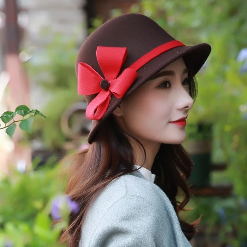 Winter Bucket Fedora Hat Women Felt Wool 2021 Flower Design women fedora дамски Елегантна шапка бомбе Жълто Черно Червено Сиво