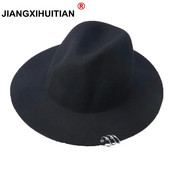 2017. gada jauns, platas malas piespraudes metāla gredzeni, melni plakanu malu filca džeza cepure Rudens ziemas vilnas bouleri cepures sievietēm vīriešiem