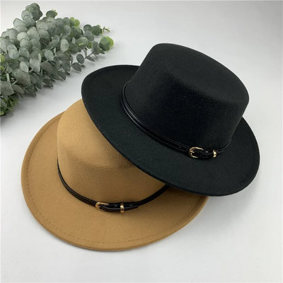 Retro Fedora skrybėlė Unisex plataus krašto džiazo kepurė Rudens žiema Moterų vilna, plokšti kepuraitės, diržo sagtis Dekoruotos kepuraitės