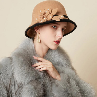 Ziedu Fedoras cepures ziemai rudenim elegantas britu dāmu vilnas zvejnieka cepures sieviešu baznīcas džeza cepures greznas ballītes filcētas cepures