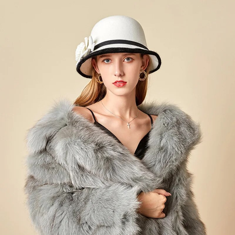 Ziedu Fedoras cepures ziemai rudenim elegantas britu dāmu vilnas zvejnieka cepures sieviešu baznīcas džeza cepures greznas ballītes filcētas cepures