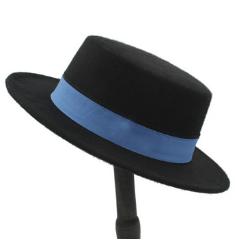 Μάλλινο Flat Homburg καπέλο Fedora για Γυναικεία Ανδρικά Χειμώνα Φθινόπωρο με φαρδύ γείσο Jazz Church Boater Pork Pie Top Caps Μπλε κορδέλα Μέγεθος 56-58CM