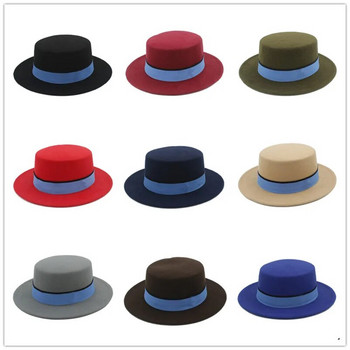 Μάλλινο Flat Homburg καπέλο Fedora για Γυναικεία Ανδρικά Χειμώνα Φθινόπωρο με φαρδύ γείσο Jazz Church Boater Pork Pie Top Caps Μπλε κορδέλα Μέγεθος 56-58CM