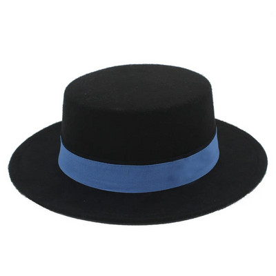 Vilnas plakana Homburg Fedora cepure sievietēm vīriešiem ziema rudens platām malām džeza baznīca Boater cūkgaļas pīrāgs augšējā cepure zila lente izmērs 56-58cm