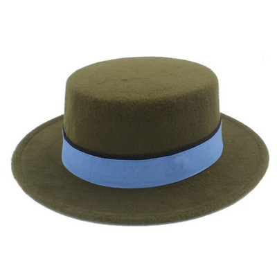 Vilnas plakana Homburg Fedora cepure sievietēm vīriešiem ziema rudens platām malām džeza baznīca Boater cūkgaļas pīrāgs augšējā cepure zila lente izmērs 56-58cm