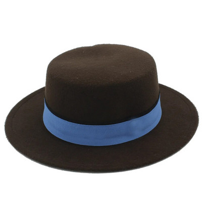 Vilnas plakana Homburg Fedora cepure sievietēm vīriešiem ziema rudens platām malām džeza baznīca Boater cūkgaļas pīrāgs augšējā cepure zila lente izmērs 56-58cm
