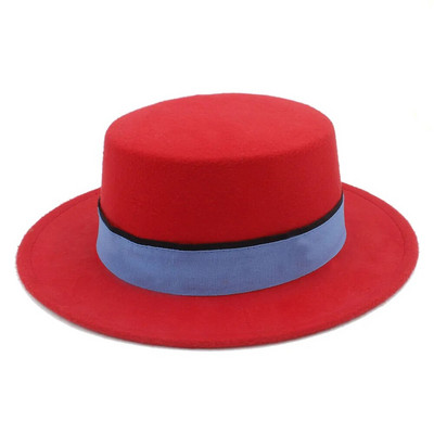 Vilnas plakana Homburg Fedora cepure sievietēm vīriešiem ziema rudens platām malām džeza baznīca Boater cūkgaļas pīrāgs augšējā cepure zila lente izmērs 56-58cm