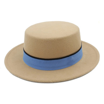 Vilnas plakana Homburg Fedora cepure sievietēm vīriešiem ziema rudens platām malām džeza baznīca Boater cūkgaļas pīrāgs augšējā cepure zila lente izmērs 56-58cm
