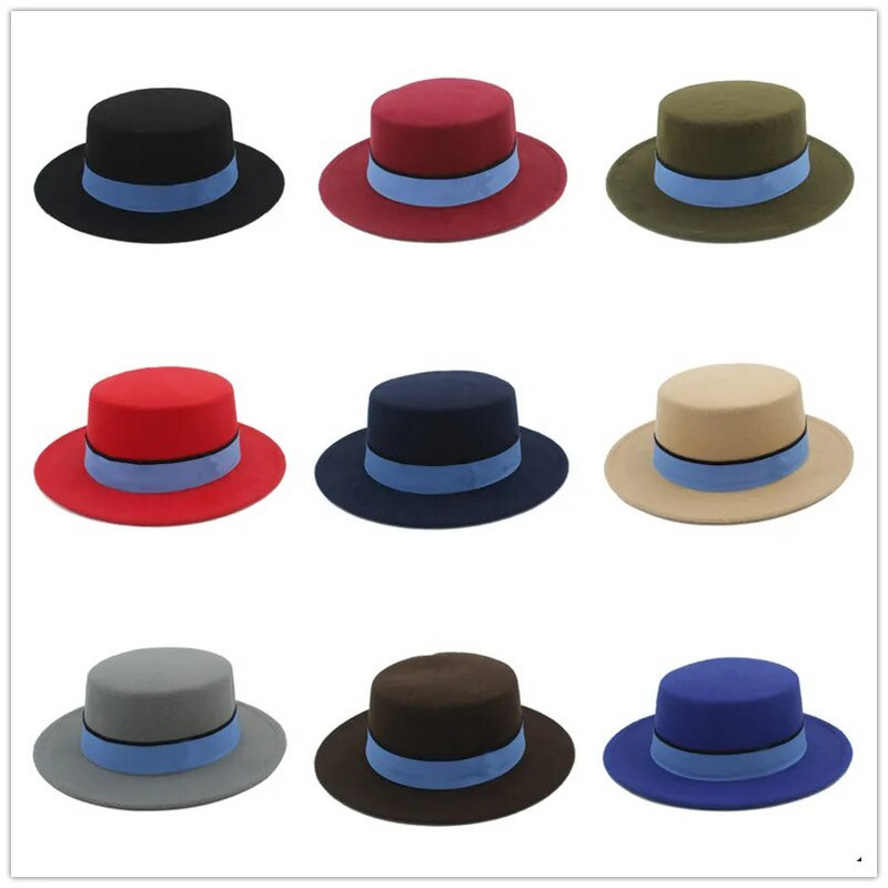Vilnas plakana Homburg Fedora cepure sievietēm vīriešiem ziema rudens platām malām džeza baznīca Boater cūkgaļas pīrāgs augšējā cepure zila lente izmērs 56-58cm