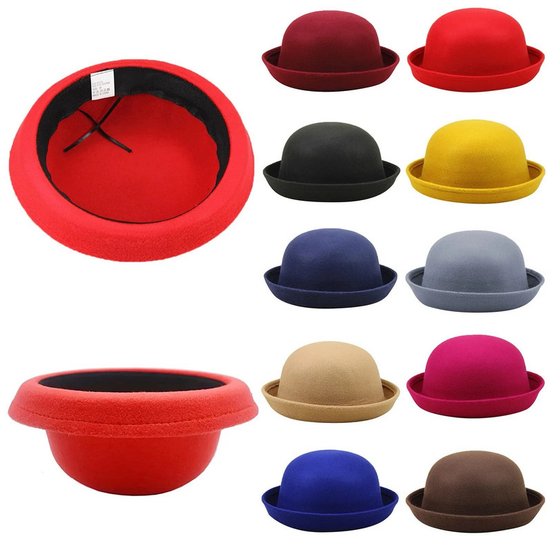 Eleganta pieaugušajiem, cieta cepure, sarullējama ar apmali Panamas bouleri cepure ar kausu vīriešu sieviešu klasiskā vilnas apaļa cepure, cepure ballītes vāciņš