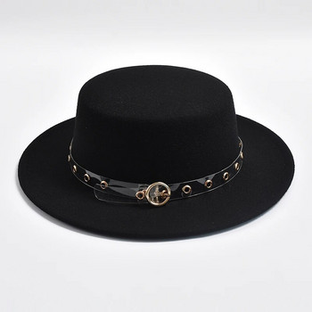 Νέο Flat Top Καπέλο Fedora για Γυναικεία Μεταλλική Αλυσίδα Διακόσμηση Τσόχα Καπέλα Jazz Φθινοπωρινό, Χειμώνα κομψό καπέλο για γαμήλια πάρτι Chapeau Femme