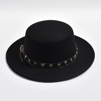 Νέο Flat Top Καπέλο Fedora για Γυναικεία Μεταλλική Αλυσίδα Διακόσμηση Τσόχα Καπέλα Jazz Φθινοπωρινό, Χειμώνα κομψό καπέλο για γαμήλια πάρτι Chapeau Femme