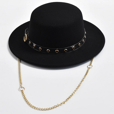 Νέο Flat Top Καπέλο Fedora για Γυναικεία Μεταλλική Αλυσίδα Διακόσμηση Τσόχα Καπέλα Jazz Φθινοπωρινό, Χειμώνα κομψό καπέλο για γαμήλια πάρτι Chapeau Femme