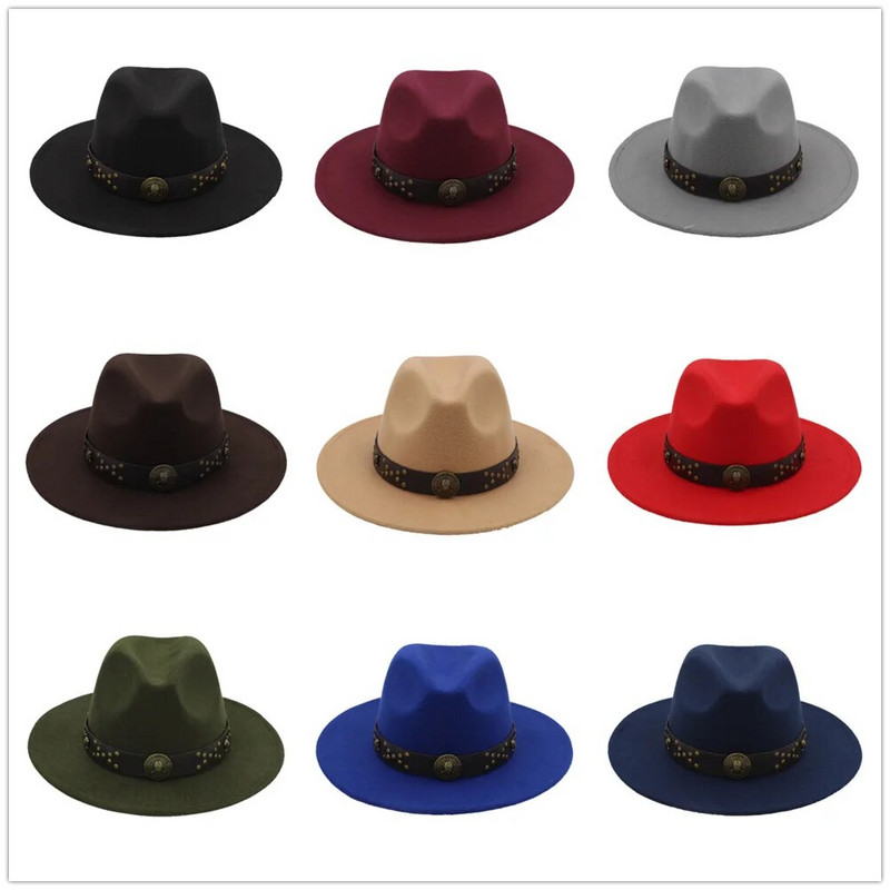 Ziemas rudens vilnas sieviešu Fedora cepure ar platām malām dāmu džeza baznīcas krusttēva steampunk cepures izmērs 56-58 cm