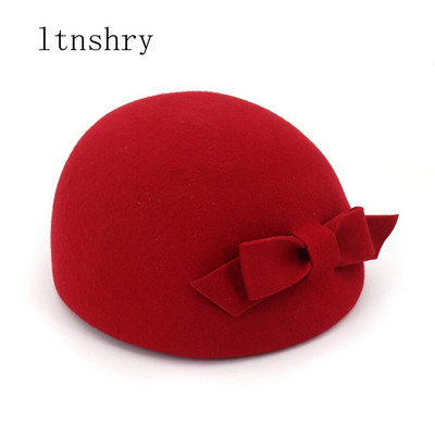 New Bucket Cap Baret Women Wool Elegant Fedora Hat Ladies Bowknot British Solid Wedding Есен Зима Classic Artist Cap Female