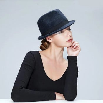 Γυναικεία Ανδρικά Μάλλινα Καπέλο Homburg Fedora Κομψά Lady Winter Autumn Jazz Church Panama Caps with Bowknot Κορδέλα Μέγεθος 56-58CM