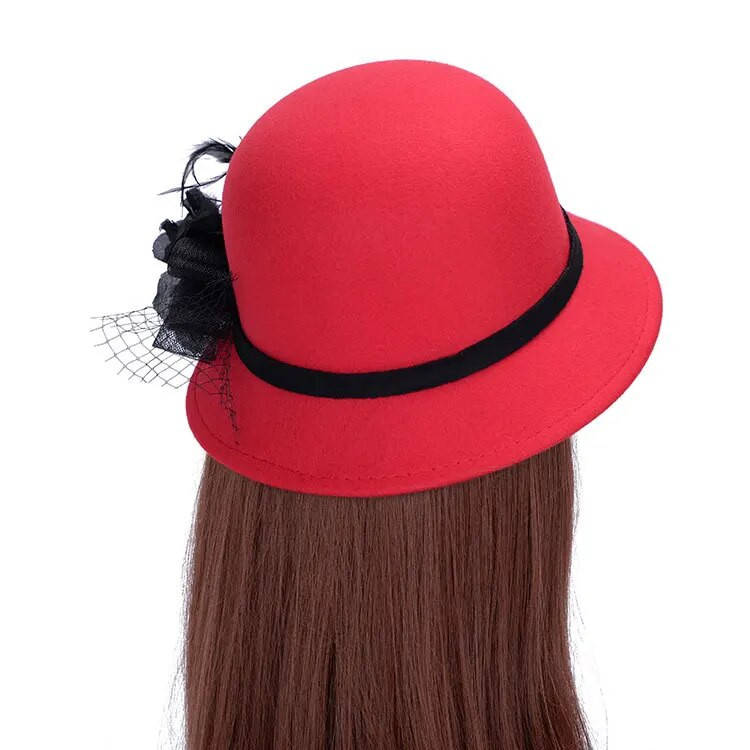 BomHCS ziemas silta cepure Fedoras sievietēm modes temperaments vilnai līdzīga vāciņa marle liels zieds