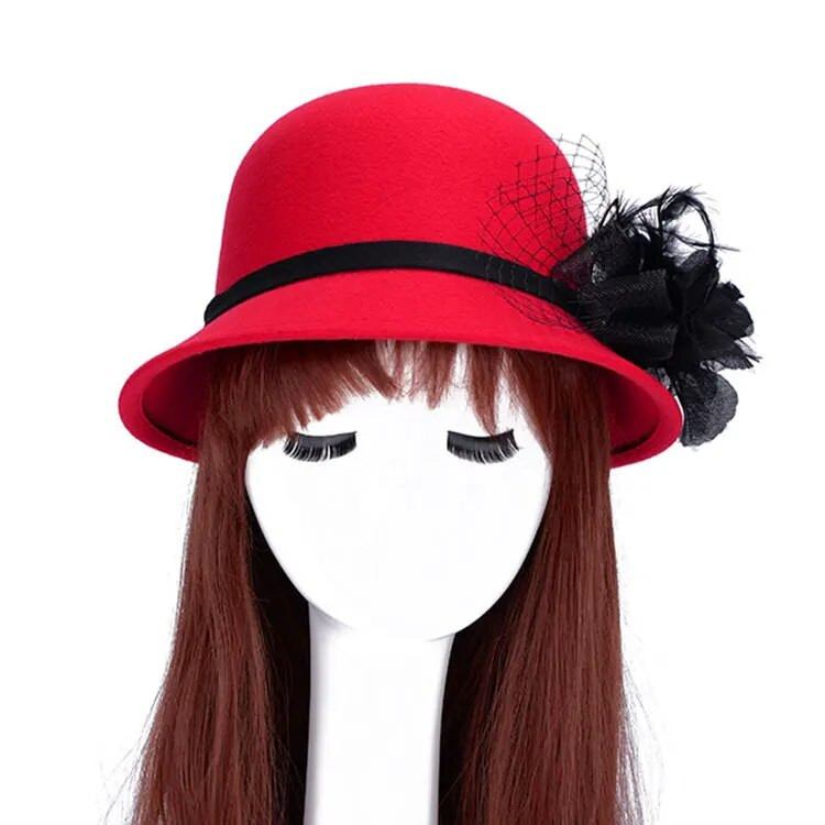 BomHCS ziemas silta cepure Fedoras sievietēm modes temperaments vilnai līdzīga vāciņa marle liels zieds