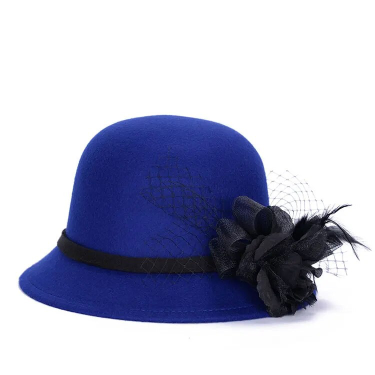 BomHCS ziemas silta cepure Fedoras sievietēm modes temperaments vilnai līdzīga vāciņa marle liels zieds