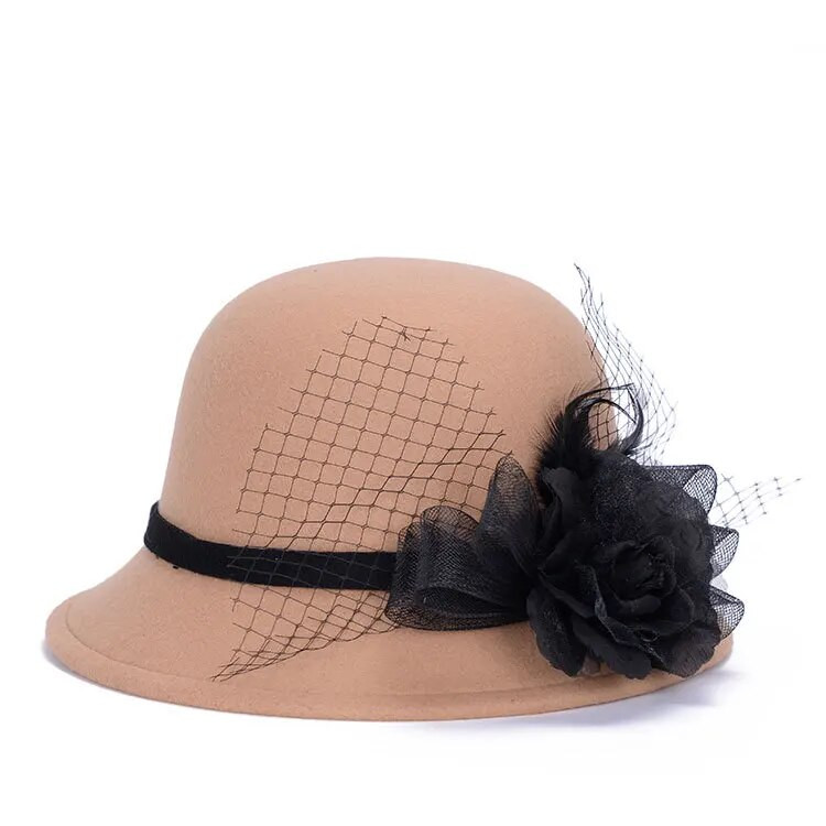 BomHCS ziemas silta cepure Fedoras sievietēm modes temperaments vilnai līdzīga vāciņa marle liels zieds