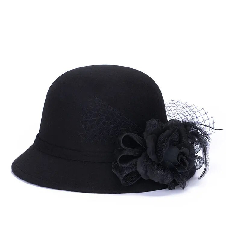 BomHCS ziemas silta cepure Fedoras sievietēm modes temperaments vilnai līdzīga vāciņa marle liels zieds