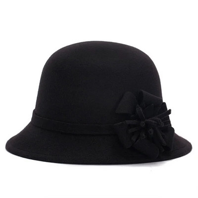 Naiste talvevintage elegantsed ühevärvilised villased lillelised vildist pallikübarad Cloche Bucket Cap Bowler mütsid