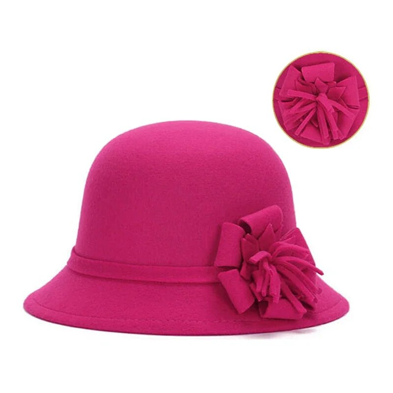 Naiste talvevintage elegantsed ühevärvilised villased lillelised vildist pallikübarad Cloche Bucket Cap Bowler mütsid