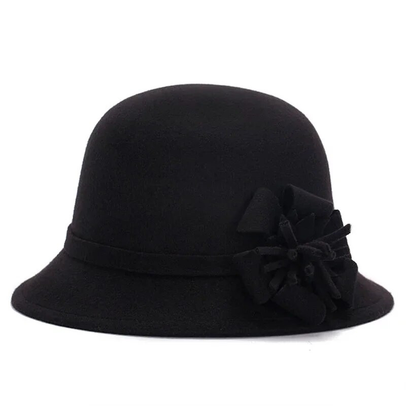Naiste talvevintage elegantsed ühevärvilised villased lillelised vildist pallikübarad Cloche Bucket Cap Bowler mütsid