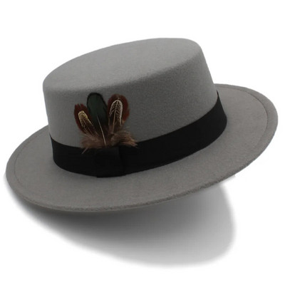 Ziemas rudens sieviešu plakana Fedora cepure elegantai dāmai vilnas cūkgaļas pīrāgs Boater Sombrero Mujer cepure ar spalvu fascinējošām cepurēm