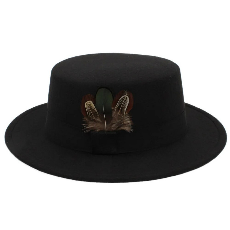 Ziemas rudens sieviešu plakana Fedora cepure elegantai dāmai vilnas cūkgaļas pīrāgs Boater Sombrero Mujer cepure ar spalvu fascinējošām cepurēm