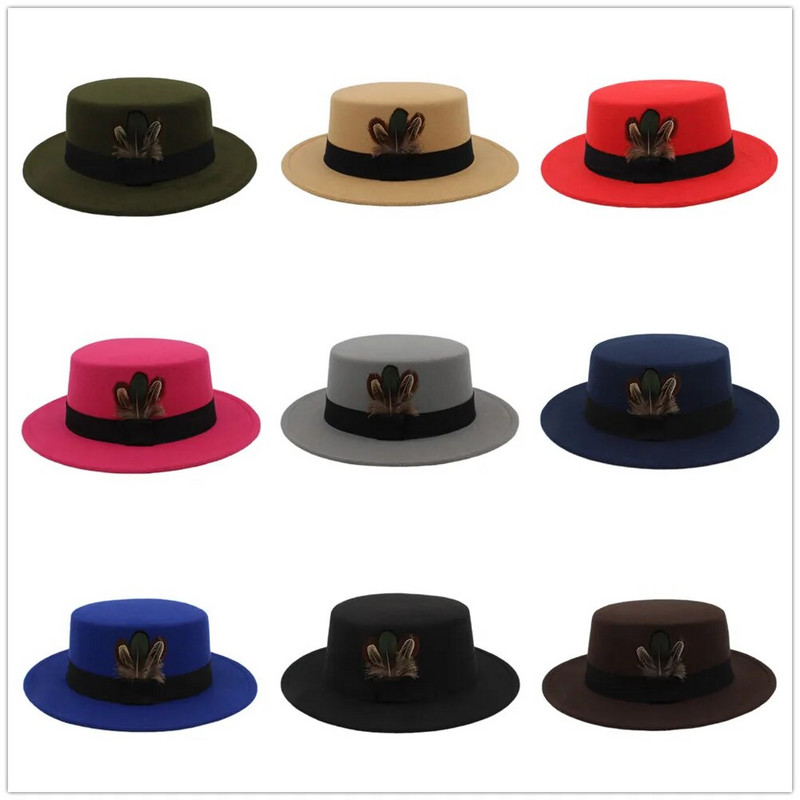 Ziemas rudens sieviešu plakana Fedora cepure elegantai dāmai vilnas cūkgaļas pīrāgs Boater Sombrero Mujer cepure ar spalvu fascinējošām cepurēm