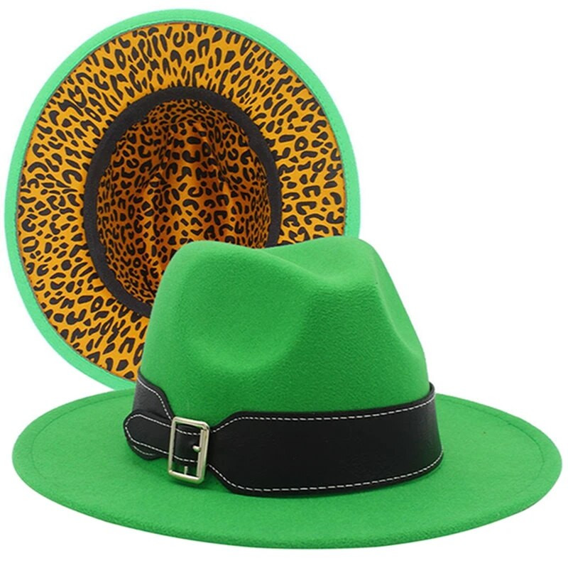 Naiste talveleopardimustriga laia vööga džässimüts kahevärvilise laia äärega Fedora Hat Ranch müts, mis sobib pidude festivalideks