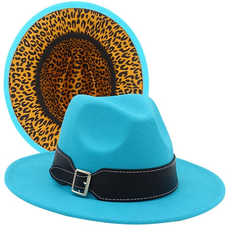 Naiste talveleopardimustriga laia vööga džässimüts kahevärvilise laia äärega Fedora Hat Ranch müts, mis sobib pidude festivalideks