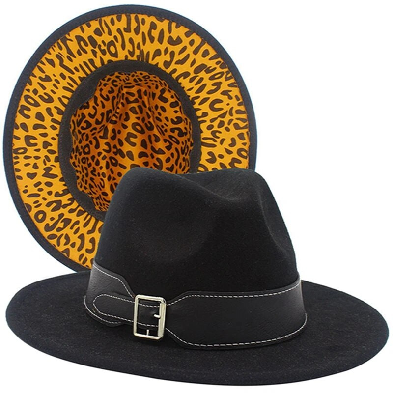 Naiste talveleopardimustriga laia vööga džässimüts kahevärvilise laia äärega Fedora Hat Ranch müts, mis sobib pidude festivalideks