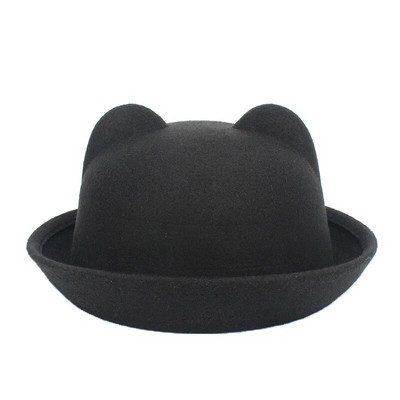 Sügistalvised naised Fedora mütsid Vintage kunstvillane soe pehme ihne äärega ämbrikübarad mütsid armsad kassikõrvad printsesskübara kuppel